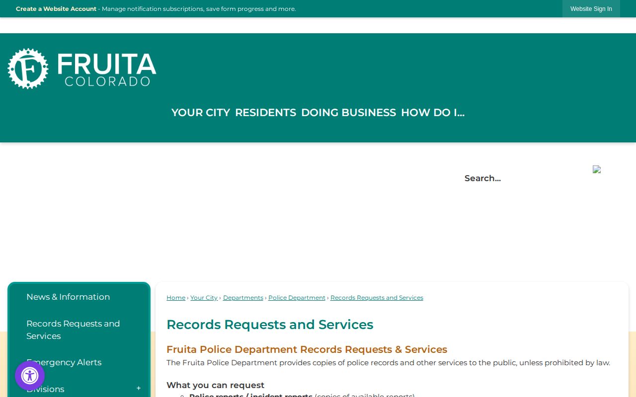 Fruita Police Department arrest records request page for Mesa County