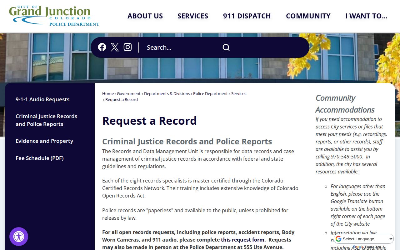 Grand Junction Police Department arrest records request page in Mesa County