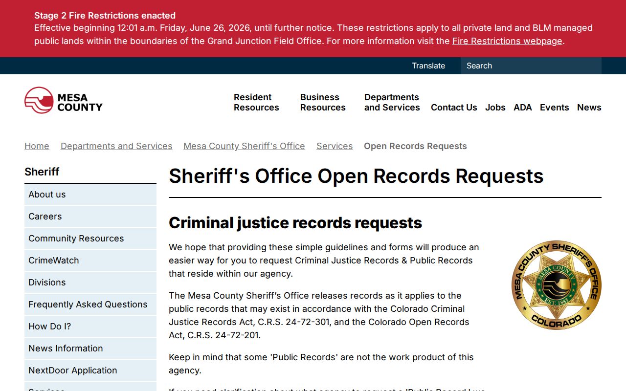Mesa County booking record and mugshot request page